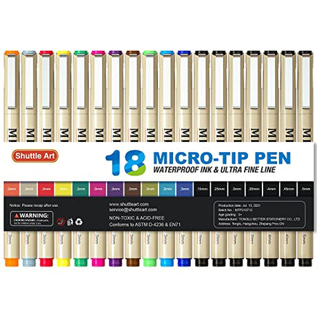 Shuttle Art 18 Pack Micro-line Pens, Waterproof Archival Ink, 11 Colors in 0.3MM Felt Tip & 7 Blacks in Sizes 0.15MM to 0.5MM Multiliner For Shuttle Art