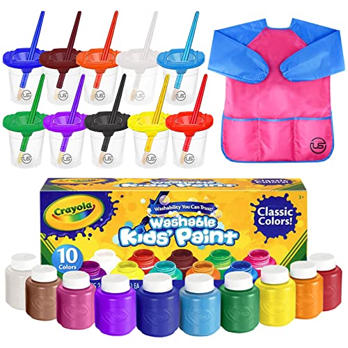 Washable Kids Paint 10 Colors, 10 No Spill Paint Cups For Kids With Lids, 10 Paint Brush Set, Waterproof Kids Smock – Christmas Gifts for Kids, - WoodArtSupply