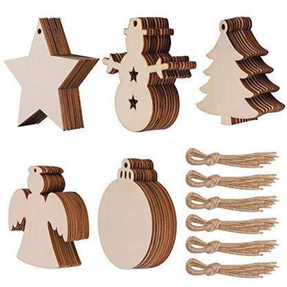 50 Pcs Unfinished Paintable Blank Wooden Christmas Festival Decoration Ornaments, Xmas Tree Hanging Wood Slices for Kids DIY Art Crafts, 5