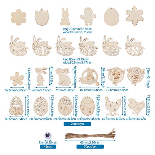 Craftdady 48pcs Easter Wooden Ornaments Wood Pieces Unfinished Egg Chick Hen Bunny Flower Wood Cutouts with Hemp Ropes, Wiggle Googly Eyes for DIY Craftdady