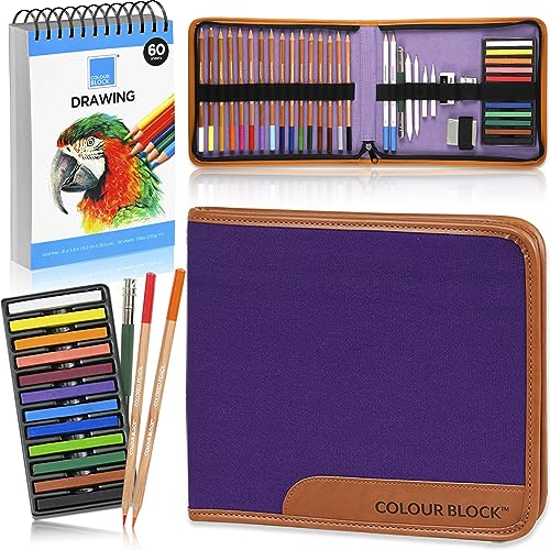 COLOUR BLOCK Drawing Travel Art Set - 60 sheets 6 x 8 Inches Drawing Pad,16 Drawing Colored Pencils Set, 12 Soft Pastels Set, 2 Sketching Pencils,