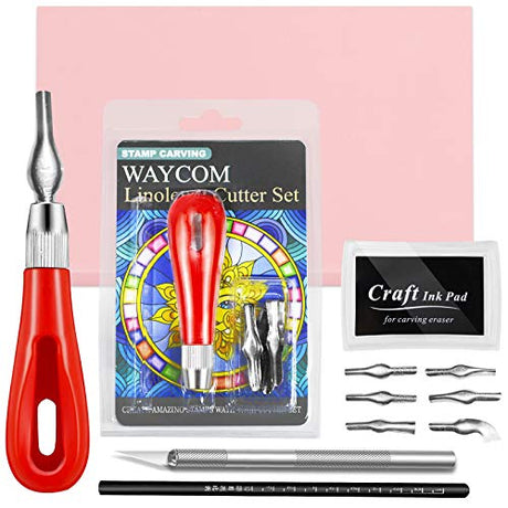 WAYCOM Rubber Stamp Making Kit,Rubber Carving Block Linoleum Cutter Set Rubber Stamp Carving Block Craft Ink Pad Hobby Knife Pencil for DIY Stamp WAYCOM