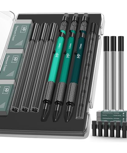 Mr. Pen- Metal Mechanical Pencils Set with Lead and Eraser Refills, 3 Pack, 1.3 mm Mechanical Pencil Metal, Metal Mechanical Pencil for Sketching, Mr. Pen