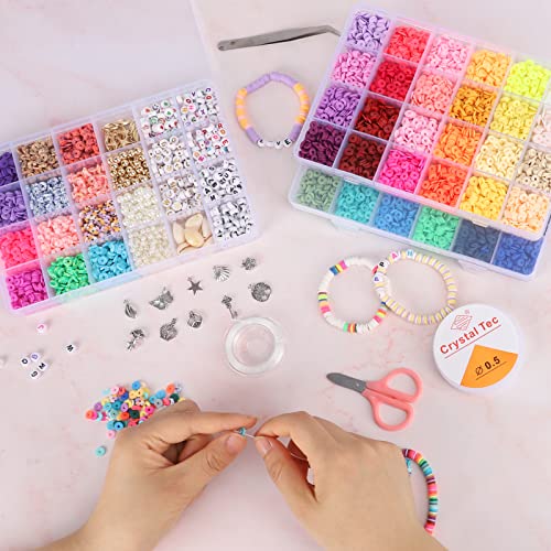 QUEFE 13000pcs, 60 Colors, Clay Beads for Bracelet Making Kit, Flat Round Polymer Heishi Beads with Letter Beads for DIY Craft Gifts, Necklace QUEFE