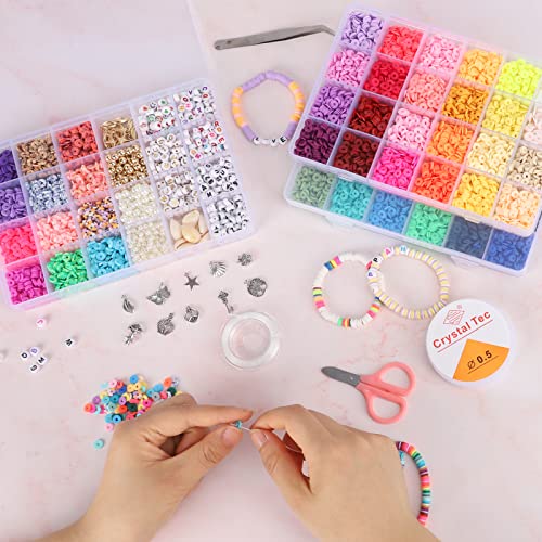 QUEFE 9870Pcs, Clay Beads for Bracelet Making Kit, 92 Colors Flat Heishi  Beads f