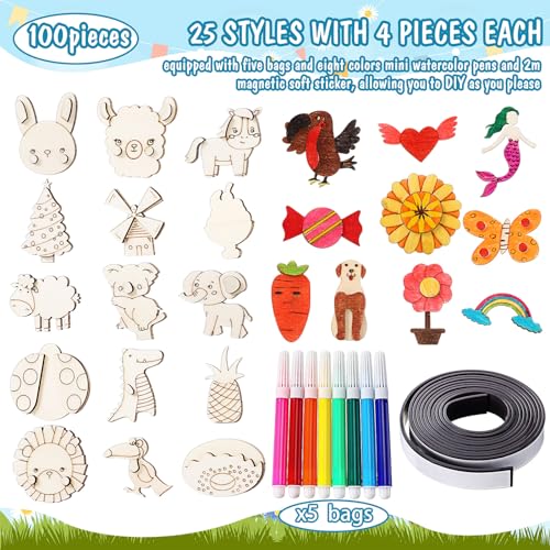 Barydat 100 Pcs Wooden Magnets DIY Wooden Arts and Crafts for Kids Craft and Art Painting Kit Supplies Party Birthday Gift Party Favors for Easter - WoodArtSupply