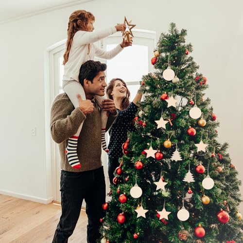 ABOOFAN Wooden Christmas Ornaments 30pcs Unfinished Wood Slices Blank Round Wood Discs Slices Xmas Tree Star Cutouts with Holes Xmas Hanging ABOOFAN