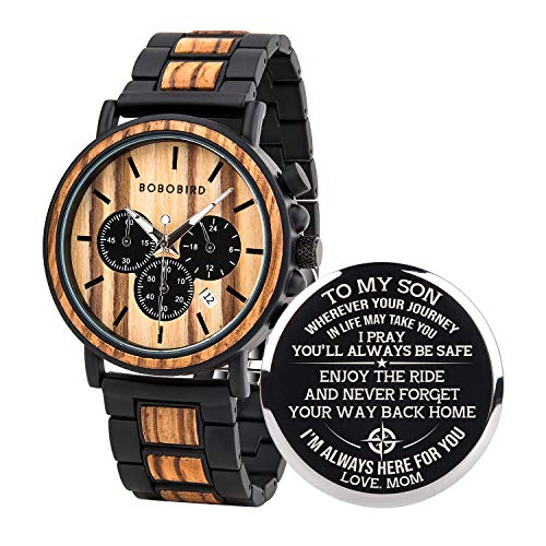 BOBO BIRD Mens Personalized Engraved Wooden Watches, Stylish Wood & Stainless Steel Combined Quartz Casual Wristwatches for Men Family Friends - WoodArtSupply