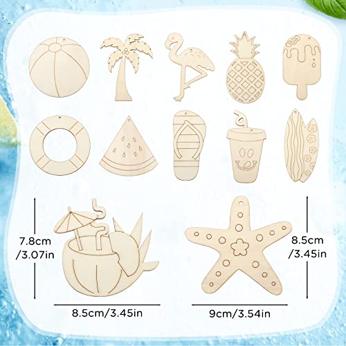36 Pieces Summer Wood Hanging Ornaments Beach Wooden Slices with String Holiday Hawaiian Party Decorations Tropical Painted Themed Luau Party HooAMI