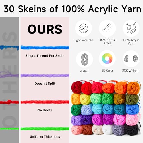 INSCRAFT Crochet Kit for Beginners Adults, 30 Acrylic Yarn Skeins 1650 Yards Yarn, 105 PCS Crochet Kit with Hooks Yarn Set,Includes Canvas Tote Bag, INSCRAFT