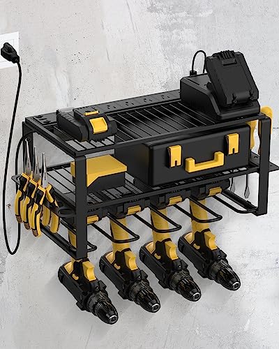 Wall Mount Power Tool Organizer and Charging Station - 6 AC Outlets, 3 Layers for Drills, Great as Heavy Duty Garage Tool Rack - WoodArtSupply