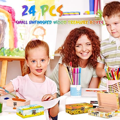 Barydat 24 Pcs 6 x 4 x 2 Unfinished Wood Box with 10 Paintbrushes Wood Treasure Chest Mini Wooden Boxes for Crafts Wooden Storage Box with Hinged Lid Barydat