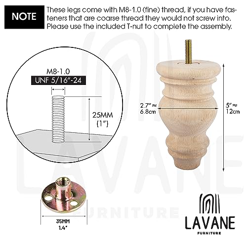 La Vane 5 inch / 12cm Unfinished Wooden Furniture Legs, 4PCS Soild Wood Turned Spindle Replacement Bun Feet with Pre-Drilled M8 Inch Bolt & Mounting
