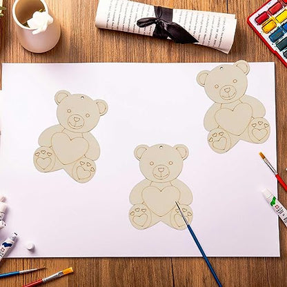 Creaides 20pcs Bear Wood DIY Crafts Cutouts Wooden Bear Hug Heart Shaped Hanging Ornaments with Hole Hemp Ropes Gift Tags for Baby Shower Wedding