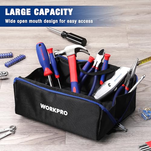 WORKPRO Tool Bag, 10" Wide Mouth Utility Tool Bag with Zipper, Heavy Duty Tool Storage Bag, Multipurpose Tool Case Small Tool Bag for Organizer WORKPRO
