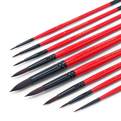 Transon Round Paint Brush Set 9pcs Synthetic Sable Hair for Acrylic Painting Watercolor Painting Gouache Ink Craft and Detail Painting TRANSON