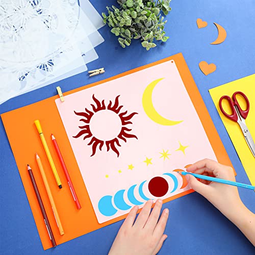 9 Pieces Mandala Sun and Moon Stencil Flower Star Stencils Reusable Painting Templates with Metal Open Ring for DIY Scrapbooks on Wood Wall Home Zubebe