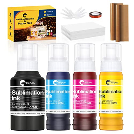 Hiipoo Sublimation Ink Set with 110 Sheet Sublimation Paper 8.5x11” 125G, 2 Pack Teflon Sheet, Heat Tape compatible for Inkjet Printer ET-2720 Hiipoo