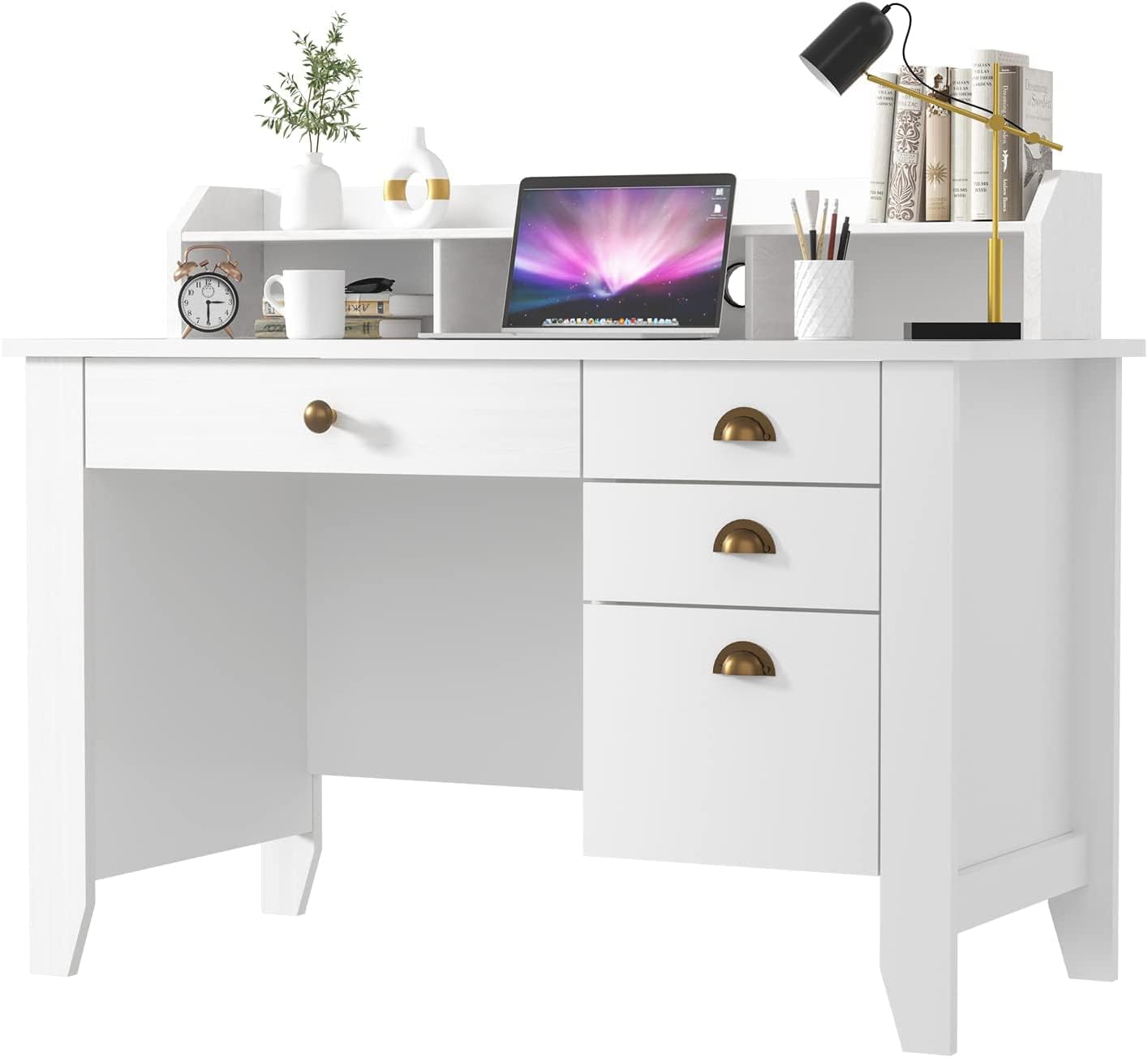 Catrimown White Desk with Drawers, 47 Inch Home Office Computer Desk with File Drawers Student Girls Desks Teens Writing Table with Hutch, Small Desk - WoodArtSupply