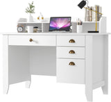 Catrimown White Desk with Drawers, 47 Inch Home Office Computer Desk with File Drawers Student Girls Desks Teens Writing Table with Hutch, Small Desk Catrimown
