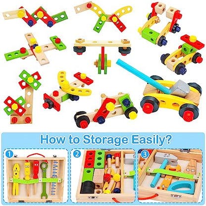 Wooden Tool Set for 2 3 4 5 6 Year Old Boy Girl 35 Pcs Montessori Tool Kit Box Toys Toddler Age 1-3 3-5 Educational STEM Autism Building Construction