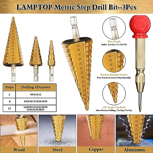 LAMPTOP 26-Pack Woodworking Chamfer Drilling Tools Including Countersink Drill Bits, 3-Pointed Countersink Drill Bit with L-Wrench, Wood Plug Cutter, LAMPTOP