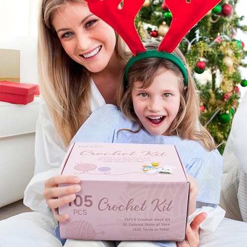 INSCRAFT Crochet Kit for Beginners Adults, 30 Acrylic Yarn Skeins 1650 Yards Yarn, 105 PCS Crochet Kit with Hooks Yarn Set,Includes Canvas Tote Bag, INSCRAFT