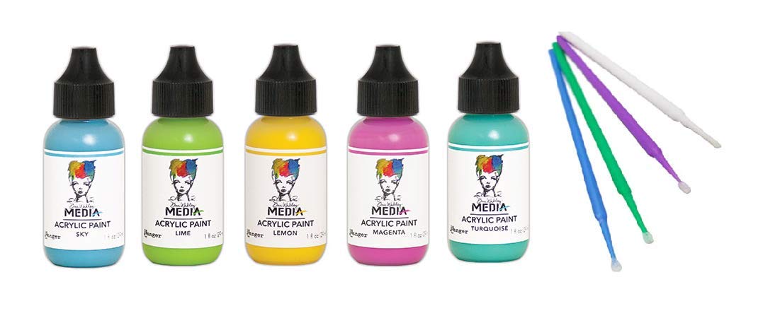 PTP Flash Deals Ranger Acrylic Paint Bundle - 5 Dina Wakley Media Acrylic Paints Blending Sticks (Brilliantly Bright - Sky, Lime, Turquoise, Lemon, PTP Flash Deals