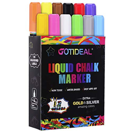 GOTIDEAL Liquid Chalk Markers, 12 Colors Premium Window Chalkboard Neon Pens, Including 2 Metallic Colors, Painting and Drawing for Kids and Adults, GOTIDEAL