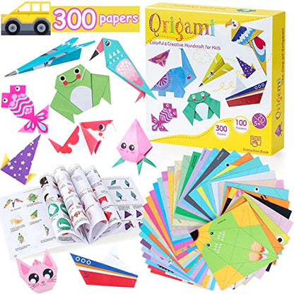 Origami Paper for Kids, 300 Sheets Colorful Origami Paper Kit 5.5Inch, 100 Origami Projects & Easy Origami Book Origami Kit for Kids, Creativity
