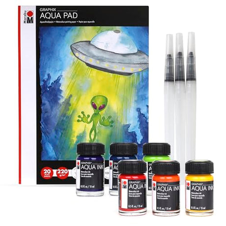 Marabu Watercolor Paint Set - Watercolor Paper Pad with 20 Sheets, A4 220 GSM - 6 Watercolor Inks, 3 Refillable Water Brushes - Watercolor Kit for Marabu