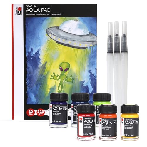 Marabu Watercolor Paint Set - Watercolor Paper Pad with 20 Sheets, A4 220 GSM - 6 Watercolor Inks, 3 Refillable Water Brushes - Watercolor Kit for - WoodArtSupply