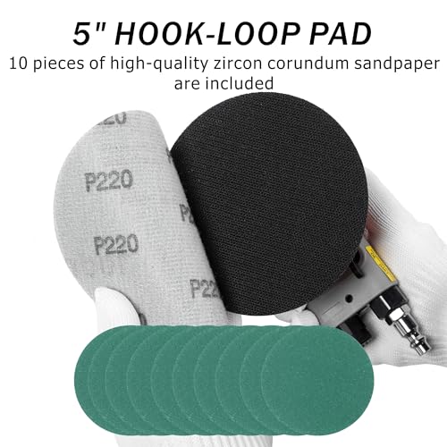 Pneumatic random orbital sander 5-inch light weight palm sander 3/16" (5 mm) diameter orbit 12000 RPM with extra 10pcs sandpaper UPWOOD