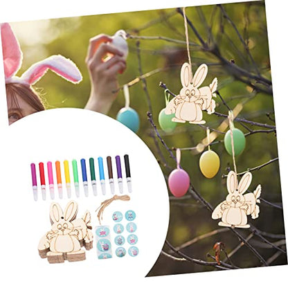 VILLCASE 1 Set Wooden Painting Toy Unfinished Wood Bunny Chips Easter Party Hanging Ornament Blank Wood Bunny Kid Crafts Easter Ornaments Watercolor