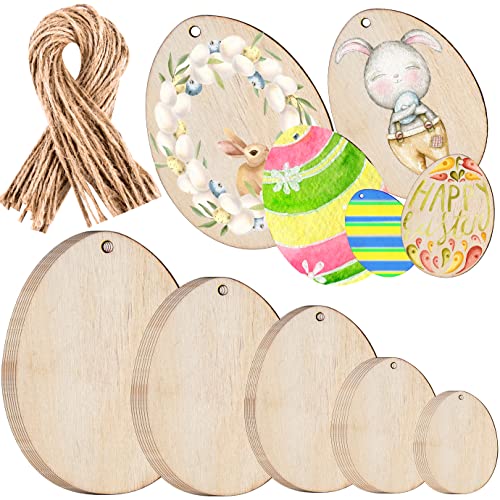 WXJ13 Easter Wooden Egg Cutouts, 50 Piece Easter Wood Hanging Gift Tags Easter Wooden Egg Ornaments with Hemp Ropes, DIY Unfinished Wood Cutouts Kit