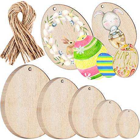 WXJ13 Easter Wooden Egg Cutouts, 50 Piece Easter Wood Hanging Gift Tags Easter Wooden Egg Ornaments with Hemp Ropes, DIY Unfinished Wood Cutouts Kit WXJ13