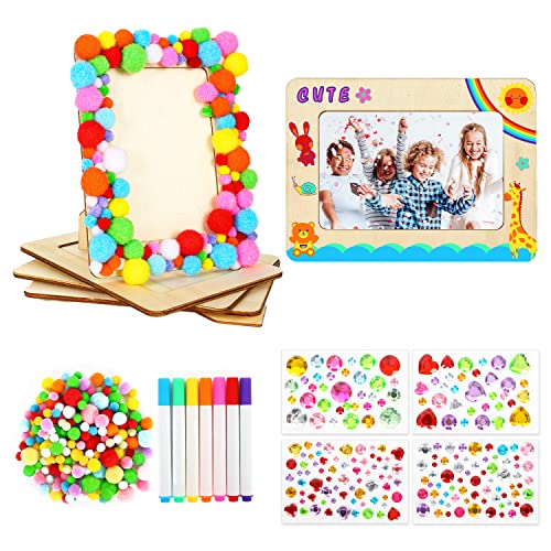 Whaline 16Pcs Picture Frame Painting Craft Kit with Painting Pens Diamond Stickers Pom Poms Frame Display Wooden DIY Photo Frames for Wall Tabletop