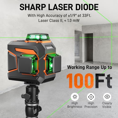 GOCHIFIX Laser Level 360 Self Leveling Green Line Laser Level Tool Wall Suction Stand Receiver 100ft Line Laser for Picture Hanging Outdoor - WoodArtSupply