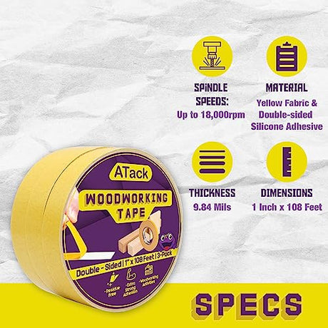 ATack Double-Sided Woodworking Tape, 1-Inch by 36-Yards (3-Pack) Double Face Turner Tape for CNC and Wood Template- Removable, Residue-Free and ATack
