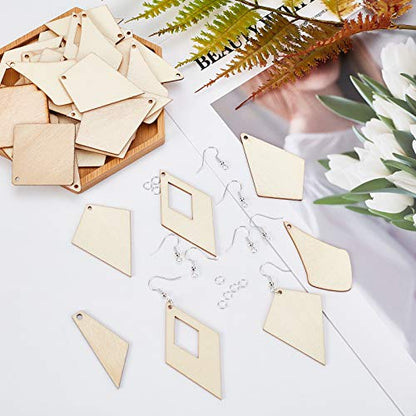 PH PandaHall Unfinished Wooden Earrings Blank, 60pcs 6 Styles Rhombus Natural Wood Drop Dangles with 60pcs Earring Hooks 60pcs Jump Rings for Jewelry