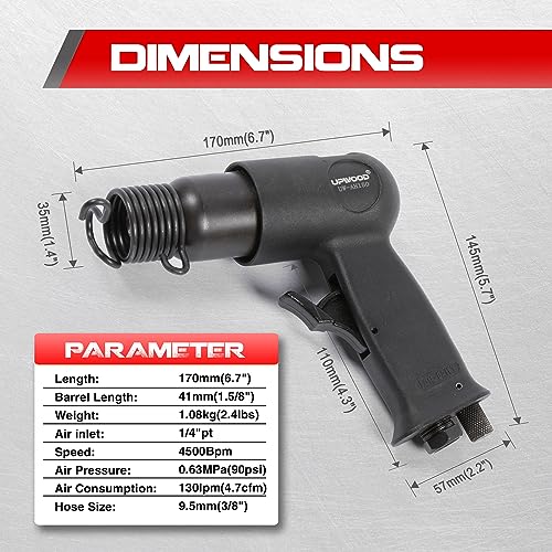 UW-AH150 Short Barrel Air Hammer Kit with Quick Change Retainer and 4 Chisels, 1-5/8 Inch Stroke, 4500 BPM, Light weight UPWOOD