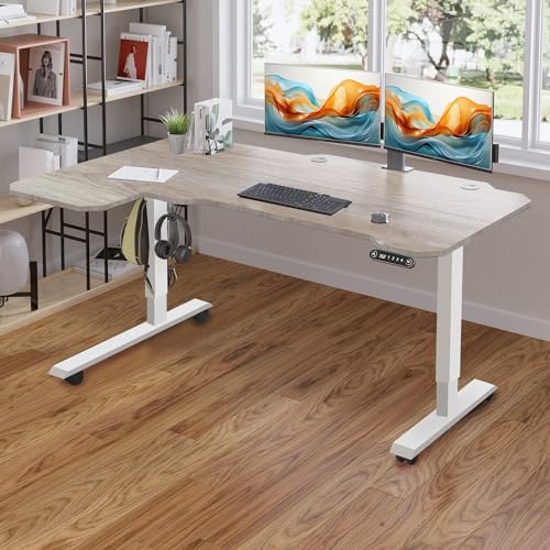 Sileye Adjustable Height L-Shaped Electric 59 Inch Sit-Stand Computer Desk with 3 Splice Boards, Lockable Casters-Ideal for Home Office, 59Inch, Oak Sileye