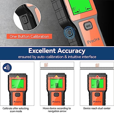 Stud Finder, Preciva Wall Scanner-8 in 1 Multifunctional Wall Detector with 6 Modes & 2 Functions for Studs, Wood, Metal, and AC Wires Detection (9V Preciva