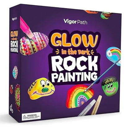 VIGOR PATH Kids Rock Painting Kit: 28-Piece Art and Craft Bundle - Includes 10 Paints (Glow in The Dark and Standard), Crafting Supplies, Ideal for