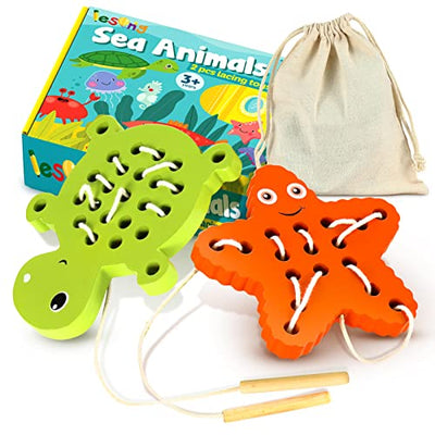 KLT Wooden Lacing Threading Toys for Toddlers Fine Motor Skills, 1 Turtle 1 Starfish Car Airplane Toddler Travel Toys, Wood Puzzle Educational Gifts