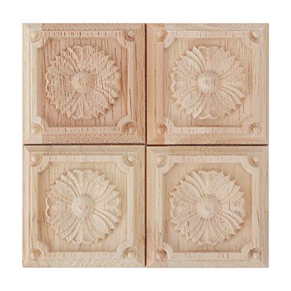 Wood Carving Checkered Applique Wood Carved Decals Wood Carving Decoration Unpainted Flower Pattern Decal Rubber Wood Floral Pattern Decoration(03)