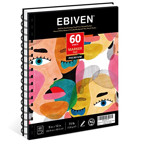 EBIVEN 9"x12" Marker Paper Sketchbook, 120 GSM/73 lb Markers Drawing Papers, 60 Sheets Hardcover Spiral Bound Sketch Book for Drawing, Sketching, - WoodArtSupply