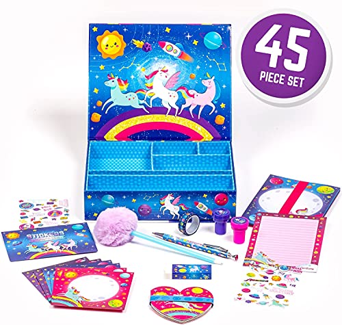 GirlZone Unicorn Cosmic Galaxy Writing Set for Girls, 45-Piece Letter Writing Kit for Creative Girls, Magical Unicorn Gift for 10 Year Old Girl GirlZone