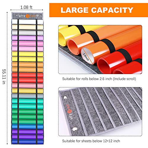 HTVRONT Vinyl Roll Holder, Vinyl Roll Storage with 24 Compartments,Vinyl Storage Organizer Rack Wall Mount/Hanging Over The Door, Craft Vinyl Storage HTVRONT