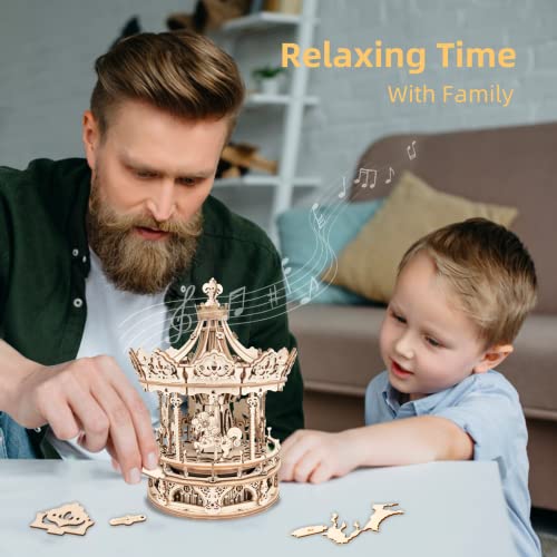 ROKR 3D Wooden Puzzles Music Box - DIY Model Building Kit Mechanical Merry-go-Round Exquisite Display Gifts for Teens Man/Woman Family ROKR